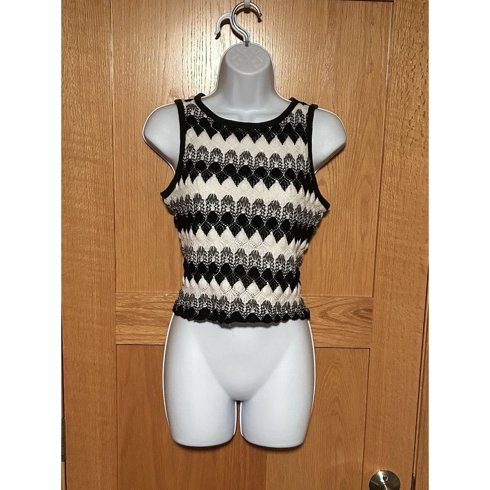 Vintage Y2K Jalate Chevron Crochet Knit Tank Top Crop Black White Scallop Trim M
